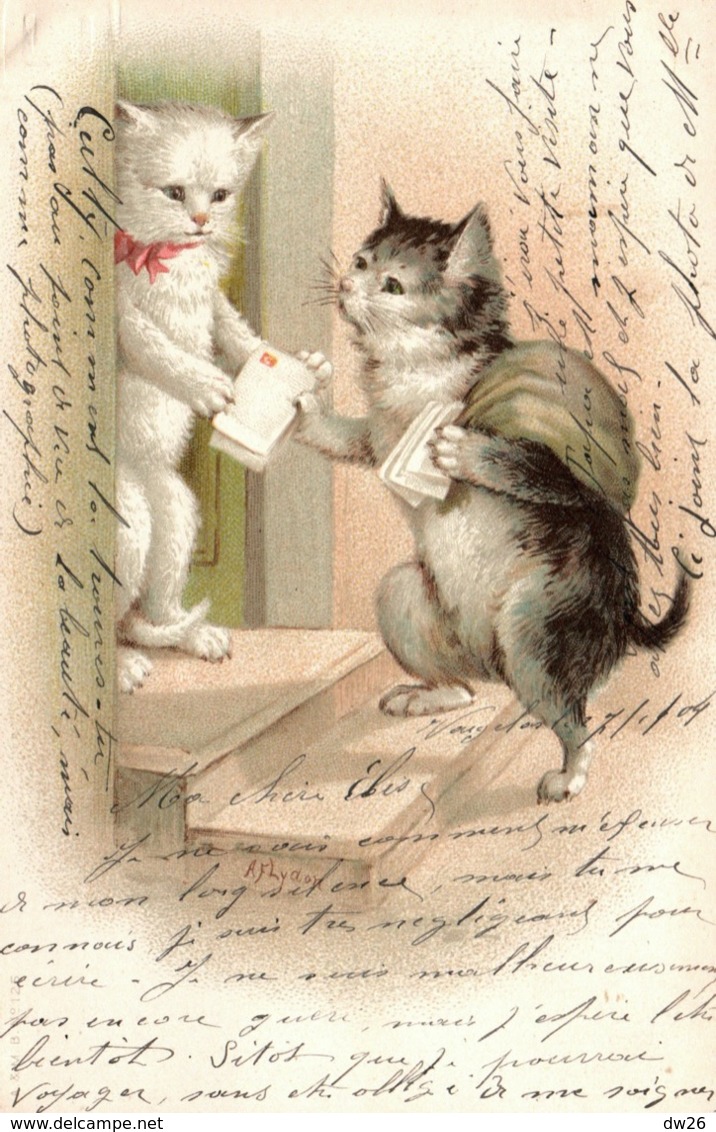 Animaux Humanisés - Deux Chats: Facteur Distribuant Le Courrier - Illustration A. Flydon - Carte Dos Simple - Chats