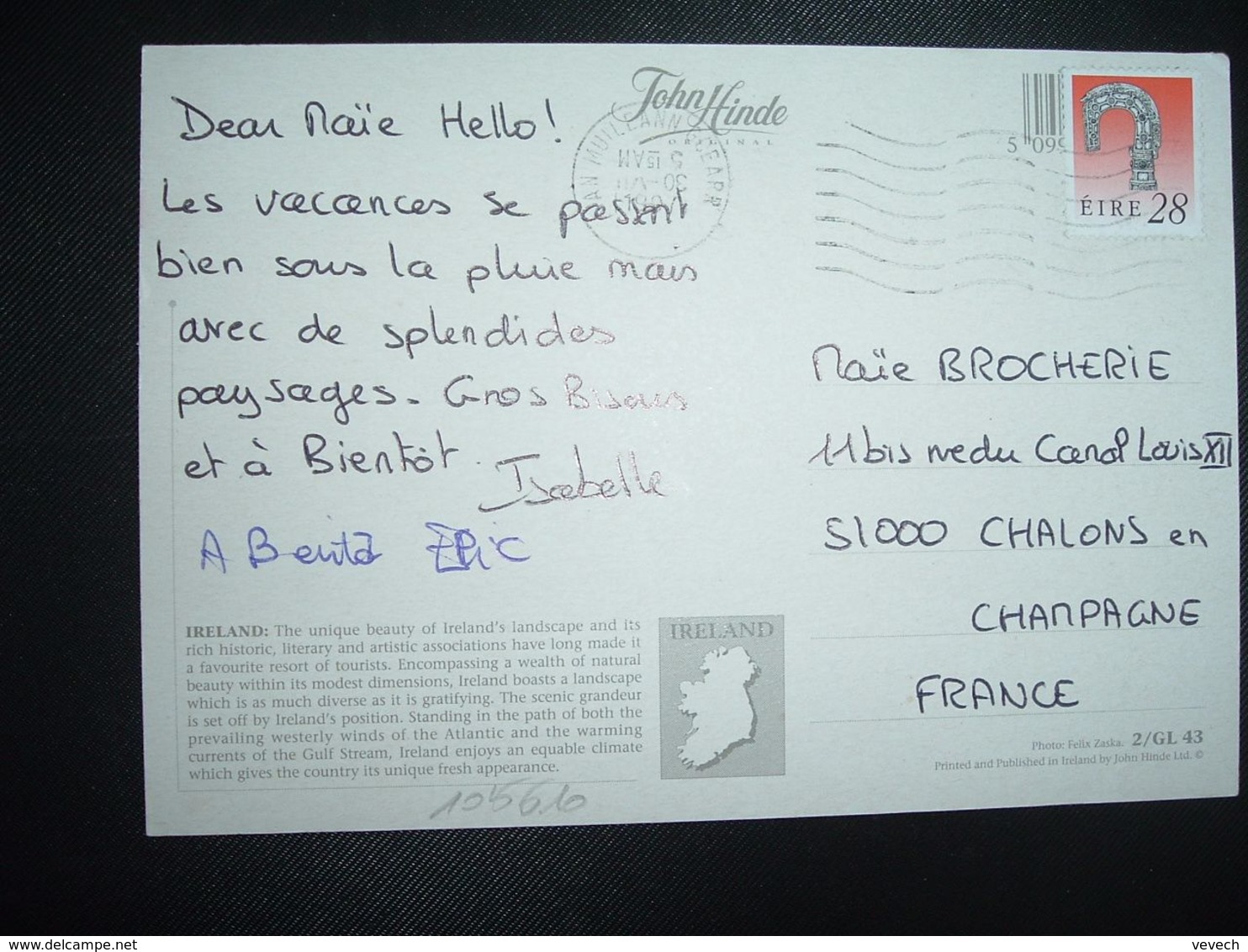 CP Pour La FRANCE TP 28 OBL.MEC. VARIETE 30 VII 1997 AN MUILEANN GCEARR - Storia Postale