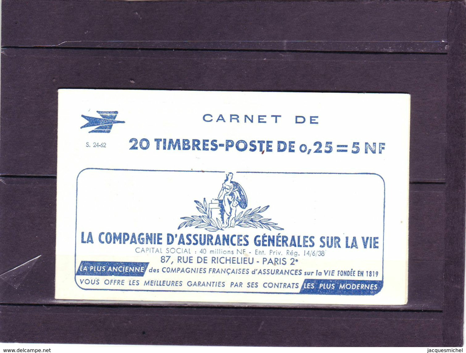 Marianne De DECARIS - Carnet De 20 - S 24-62 - Pub: Assurances Generales Sur La Vie - 26.02;1962 - - Altri & Non Classificati