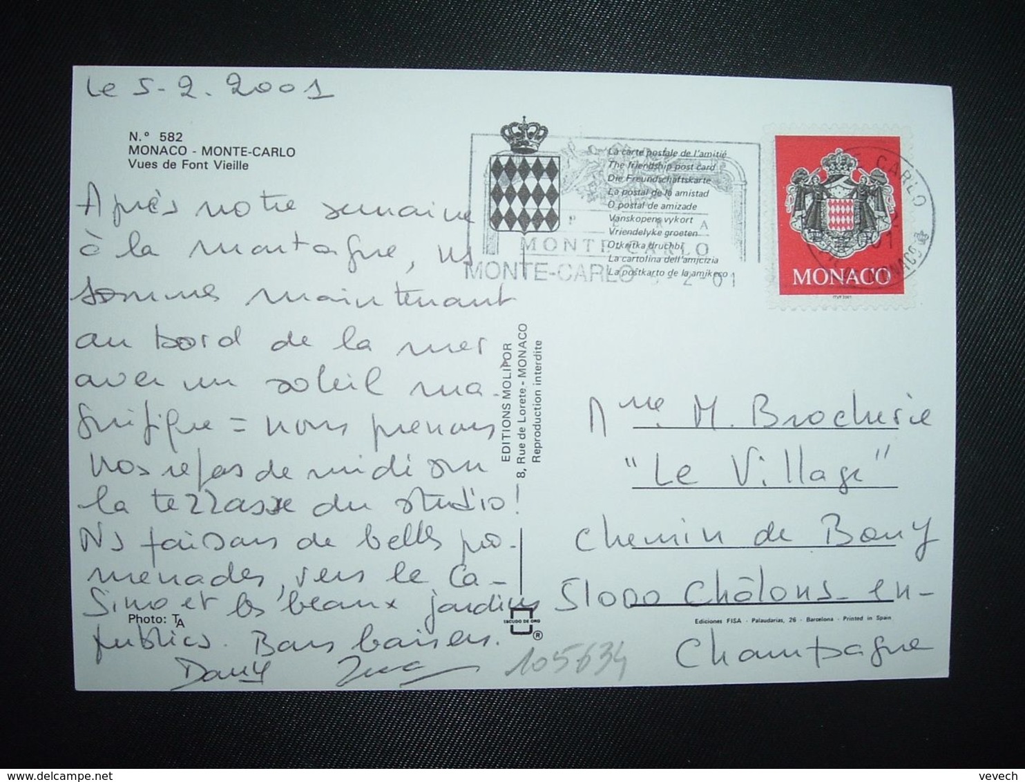 CP Pour La FRANCE TP TVP ROUGE OBL.MEC.5-2 2001 MONTE CARLO - Lettres & Documents