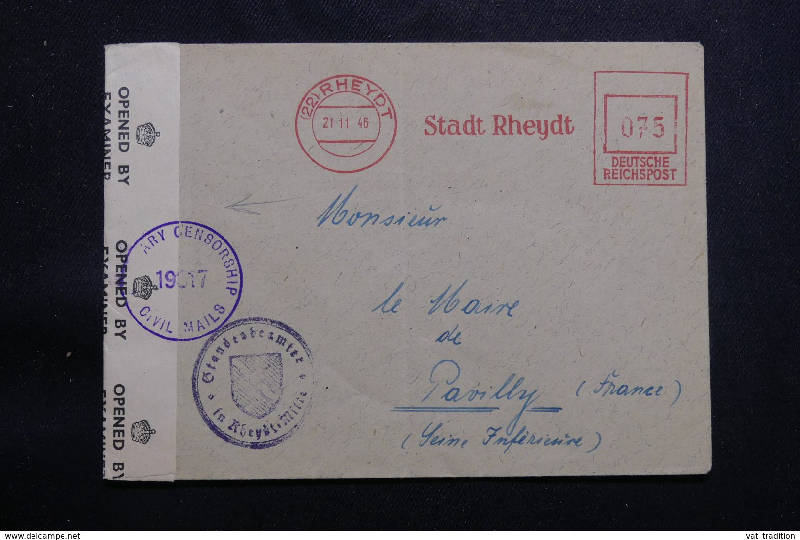 ALLEMAGNE - Enveloppe De Rheydt Pour La France En 1946 Avec Contrôle Postal, Affranchissement Mécanique - L 65040 - Other & Unclassified