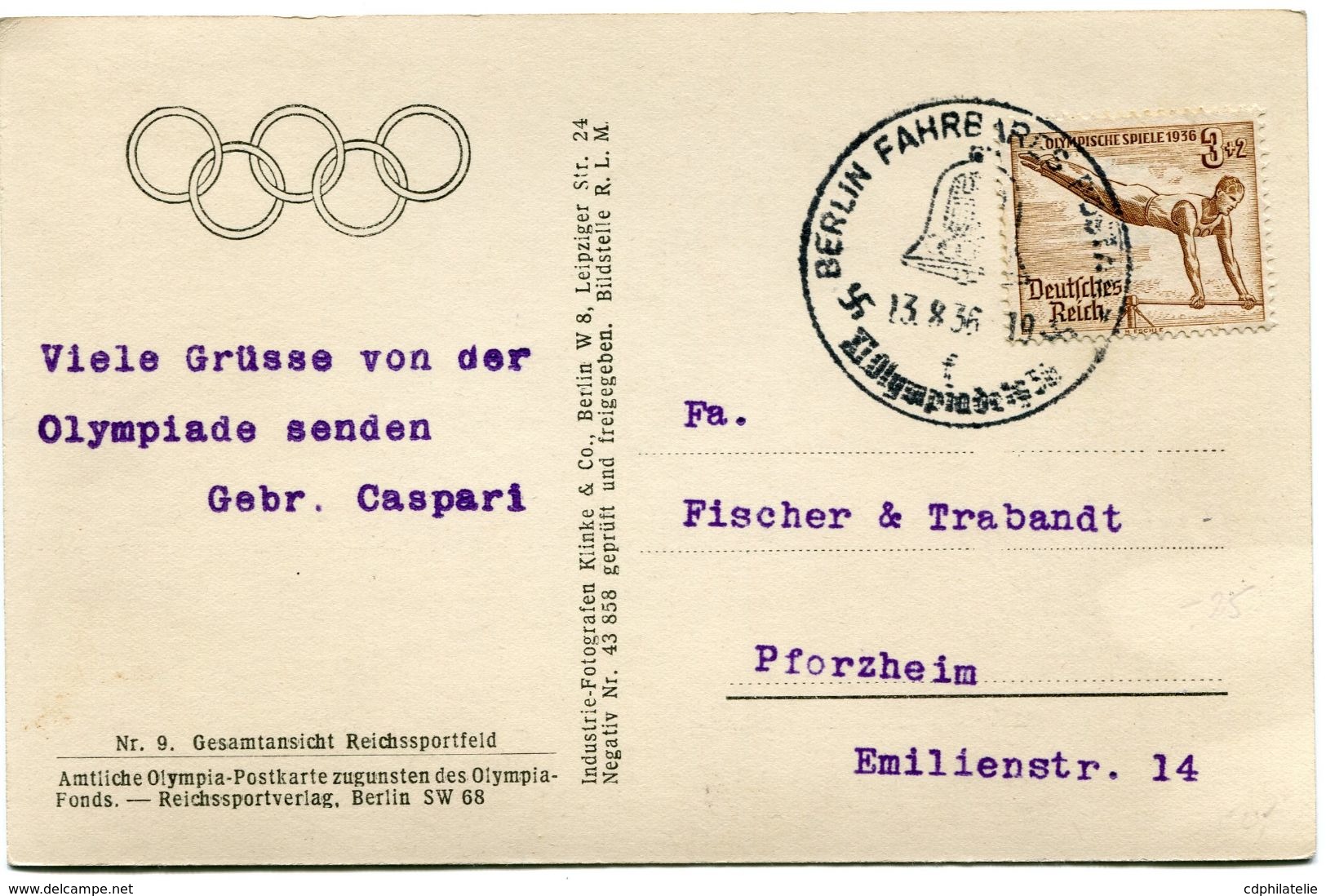 ALLEMAGNE CARTE POSTALE AVEC L'EMBLEME DES JEUX OLYMPIQUES DEPART BERLIN 13-8-36 POUR L'ALLEMAGNE - Summer 1936: Berlin