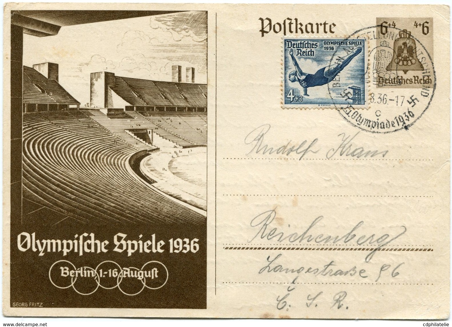 ALLEMAGNE ENTIER POSTAL " OLYMPIFCHE SPIELE 1936...." AVEC AFFRANCHISSEMENT COMPLEMENTAIRE DEPART BERLIN 11-8-36 POUR... - Summer 1936: Berlin