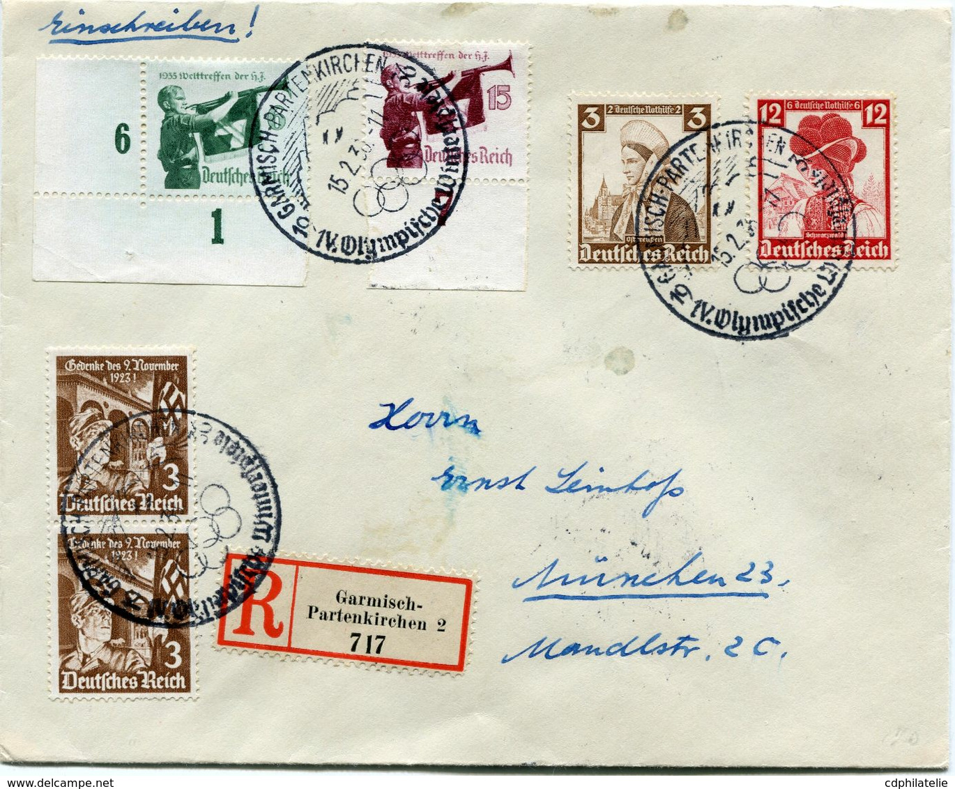 ALLEMAGNE LETTRE RECOMMANDEE DEPART GARMISCH-PARTENKIREHEN 15-2-36 1V OLYMPIFCHE SPIELE (OBL. ILLUSTREE J.O.) POUR...... - Sommer 1936: Berlin