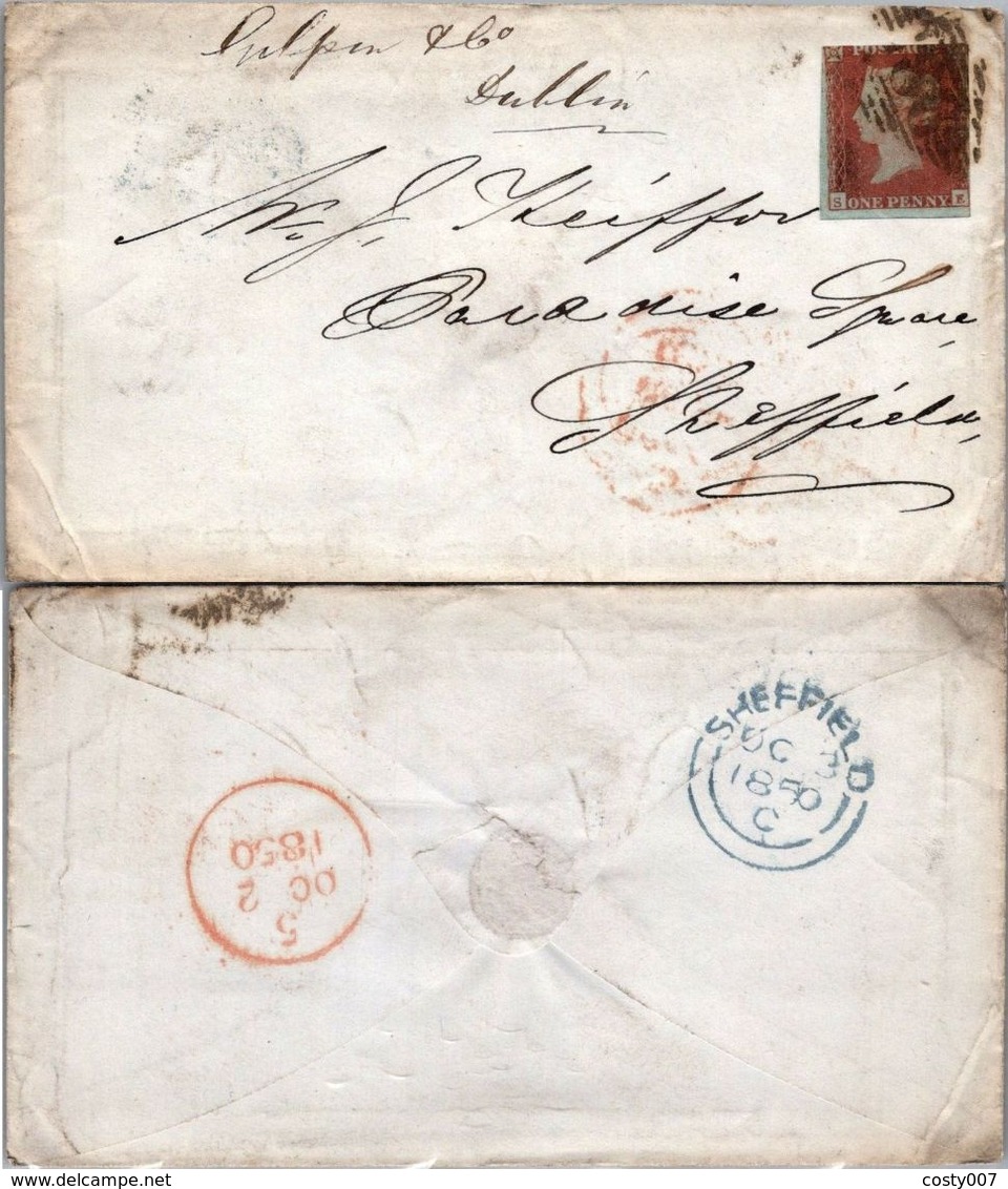 Great Britain 1850 Postal History Rare 1d Red Cover Dublin - Sheffield D.1089 - Brieven En Documenten