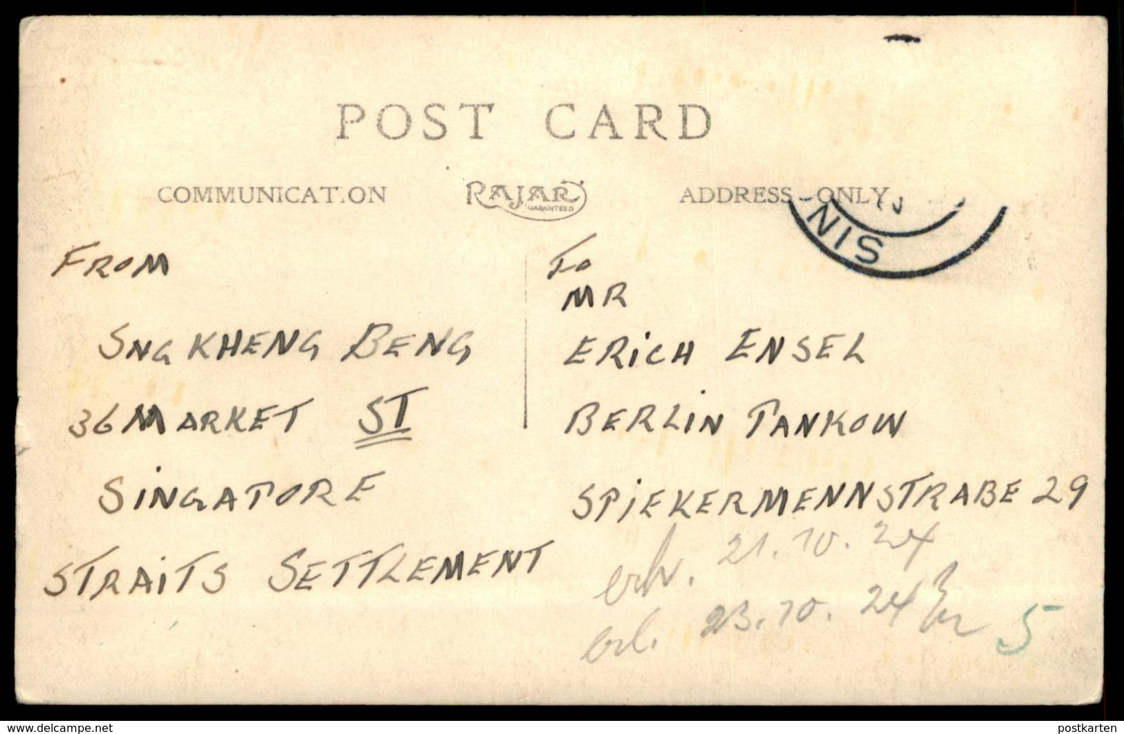 ALTE POSTKARTE SINGAPUR 1924 SINGAPORE Ansichtskarte AK Cpa Postcard - Singapour