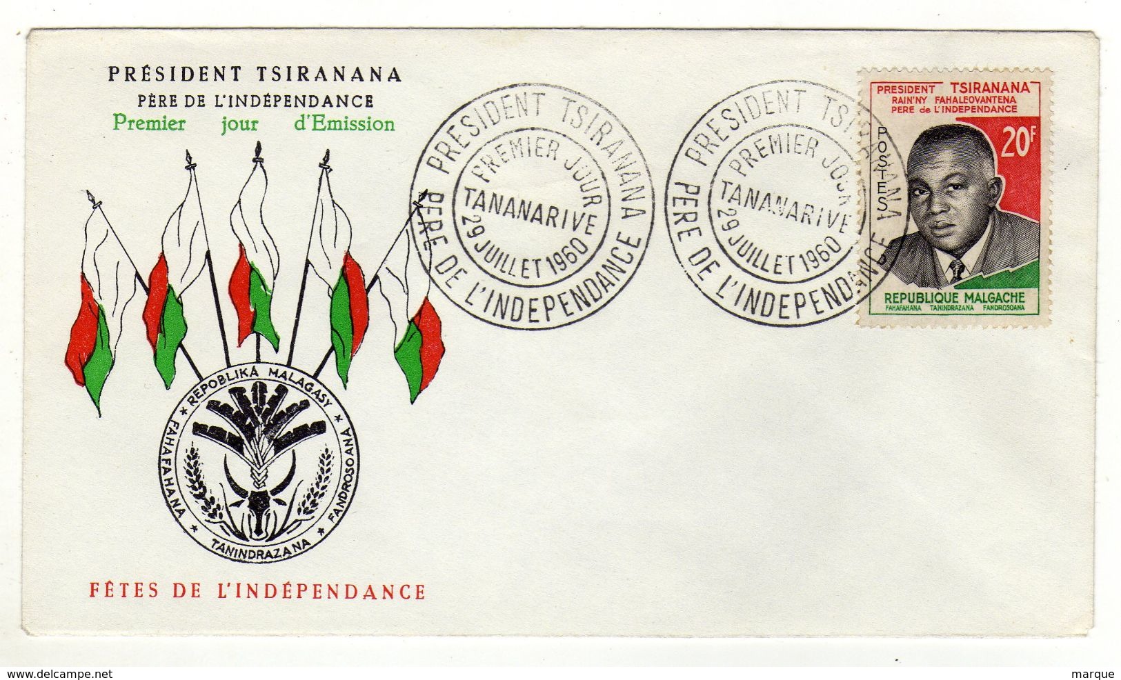 Enveloppe REPUBLIQUE MALGACHE MADAGASCAR 1er Jour  Président Tsiramana Oblitération TANANARIVE 29/07/1960 - Madagaskar (1960-...)