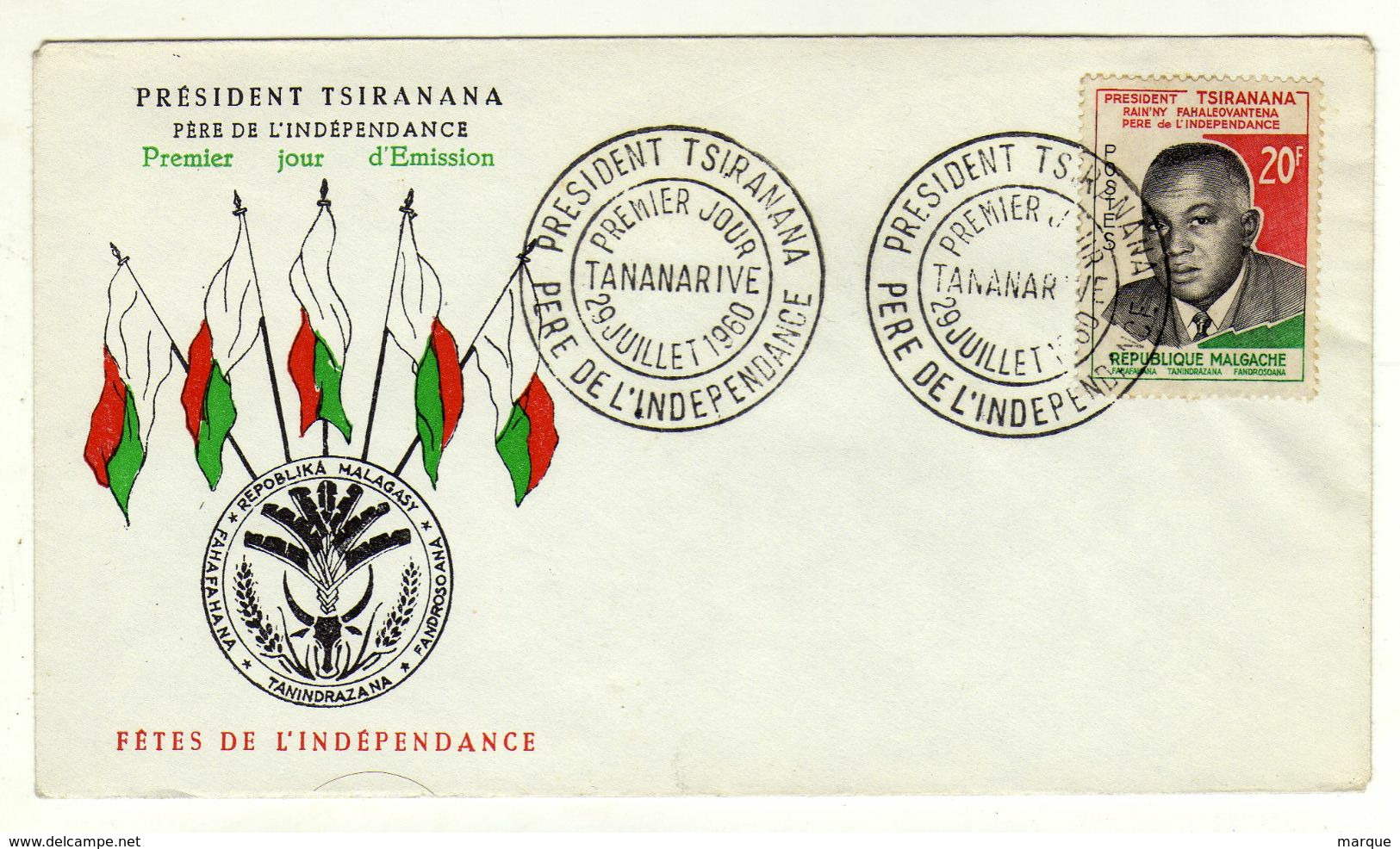 Enveloppe REPUBLIQUE MALGACHE MADAGASCAR 1er Jour  Président Tsiramana Oblitération TANANARIVE 29/07/1960 - Madagascar (1960-...)