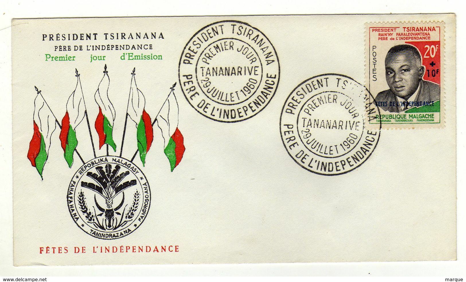 Enveloppe REPUBLIQUE MALGACHE MADAGASCAR 1er Jour  Président Tsiramana Oblitération TANANARIVE 29/07/1960 - Madagascar (1960-...)