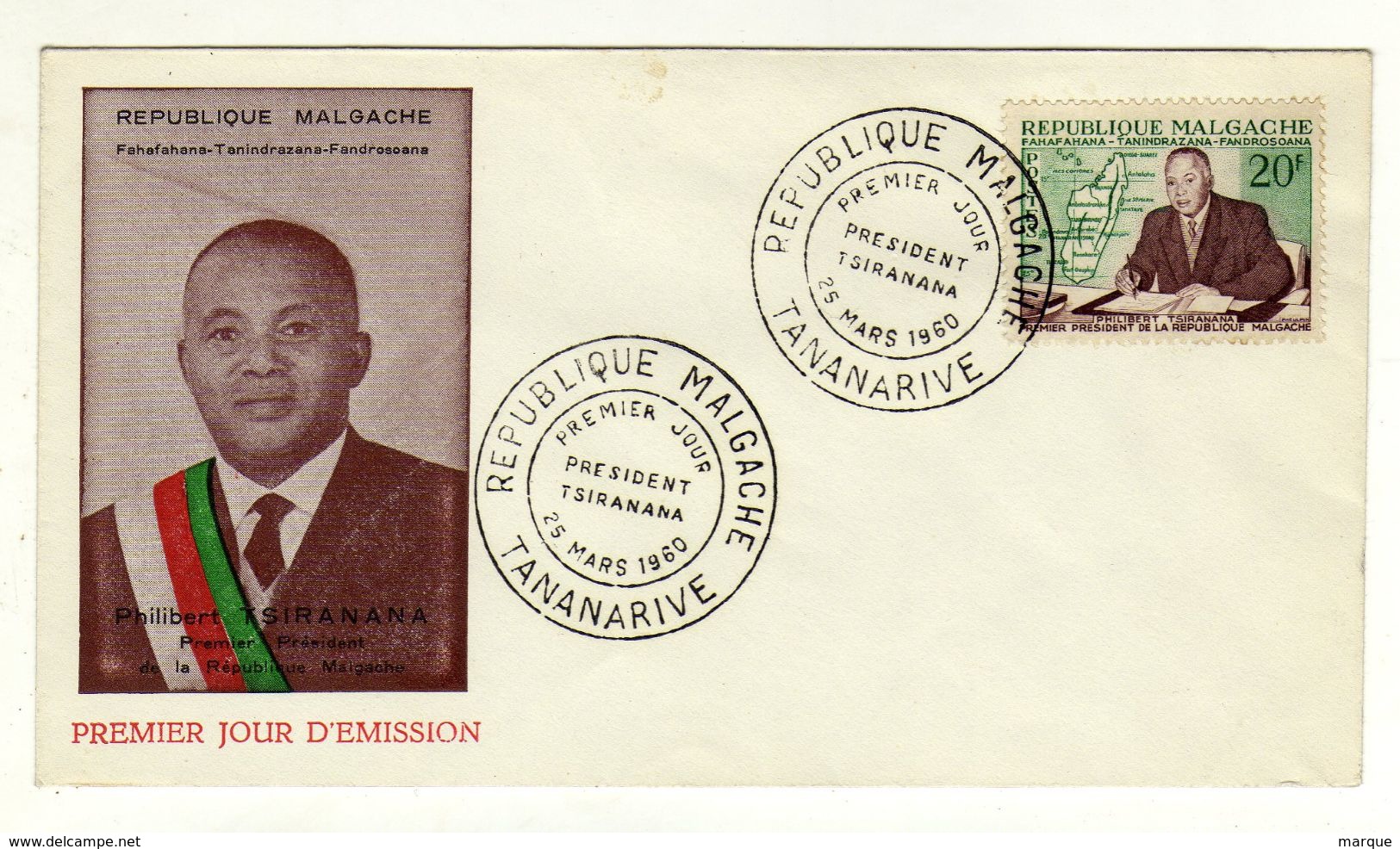 Enveloppe REPUBLIQUE MALGACHE MADAGASCAR 1er Jour  Président Tsiramana Oblitération TANANARIVE 25/03/1960 - Madagascar (1960-...)