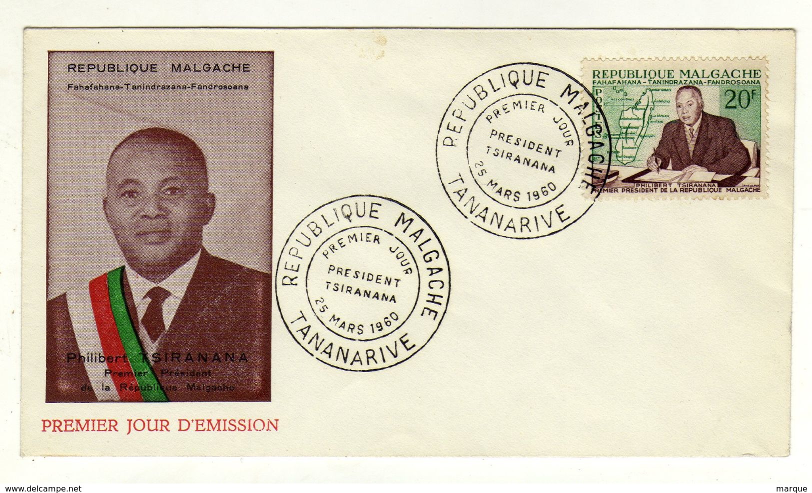 Enveloppe REPUBLIQUE MALGACHE MADAGASCAR 1er Jour  Président Tsiramana Oblitération TANANARIVE 25/03/1960 - Madagaskar (1960-...)