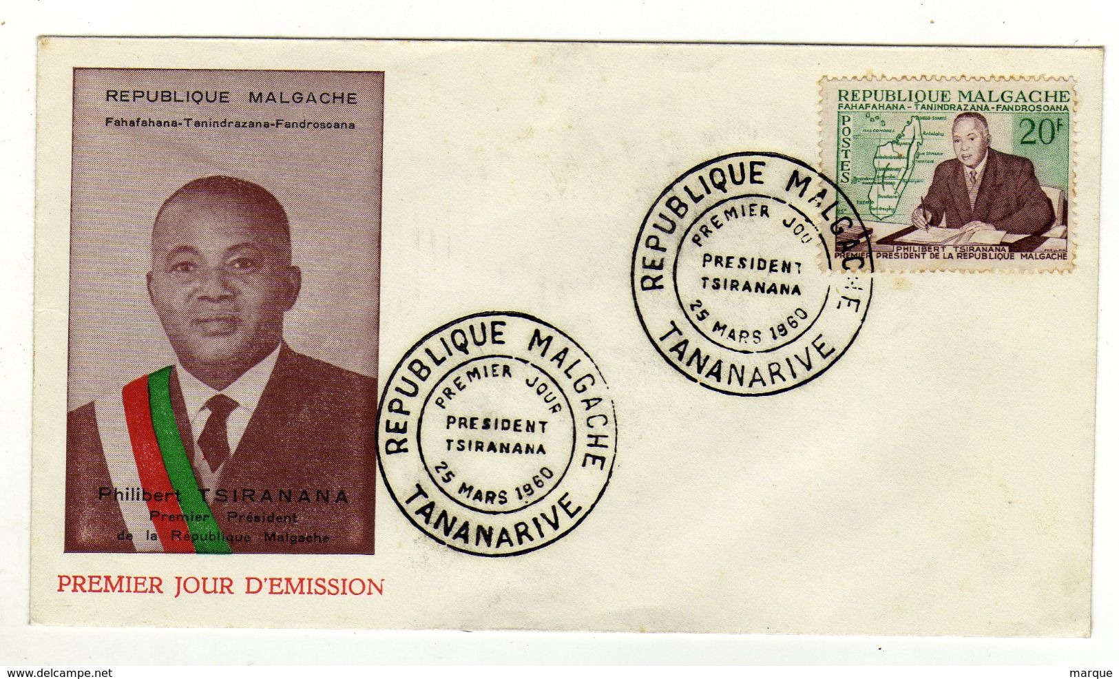 Enveloppe REPUBLIQUE MALGACHE MADAGASCAR 1er Jour  Président Tsiramana Oblitération TANANARIVE 25/03/1960 - Madagascar (1960-...)