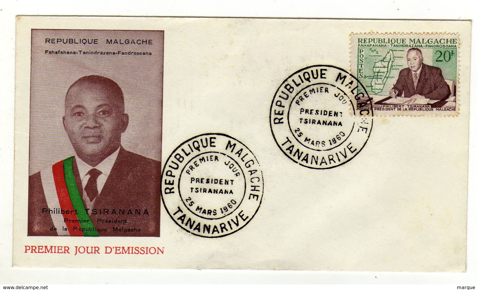 Enveloppe REPUBLIQUE MALGACHE MADAGASCAR 1er Jour  Président Tsiramana Oblitération TANANARIVE 25/03/1960 - Madagaskar (1960-...)
