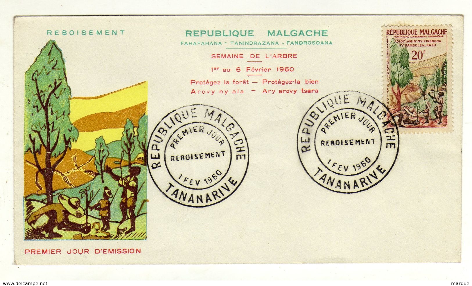 Enveloppe REPUBLIQUE MALGACHE MADAGASCAR 1er Jour Reboisement Oblitération TANANARIVE 01/02/1960 - Madagascar (1960-...)