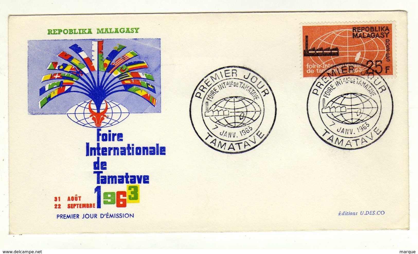 Enveloppe REPUBLIQUE MALGACHE MADAGASCAR 1er Jour Foire Internationale Oblitération TAMATAVE 07/01/1963 - Madagascar (1960-...)