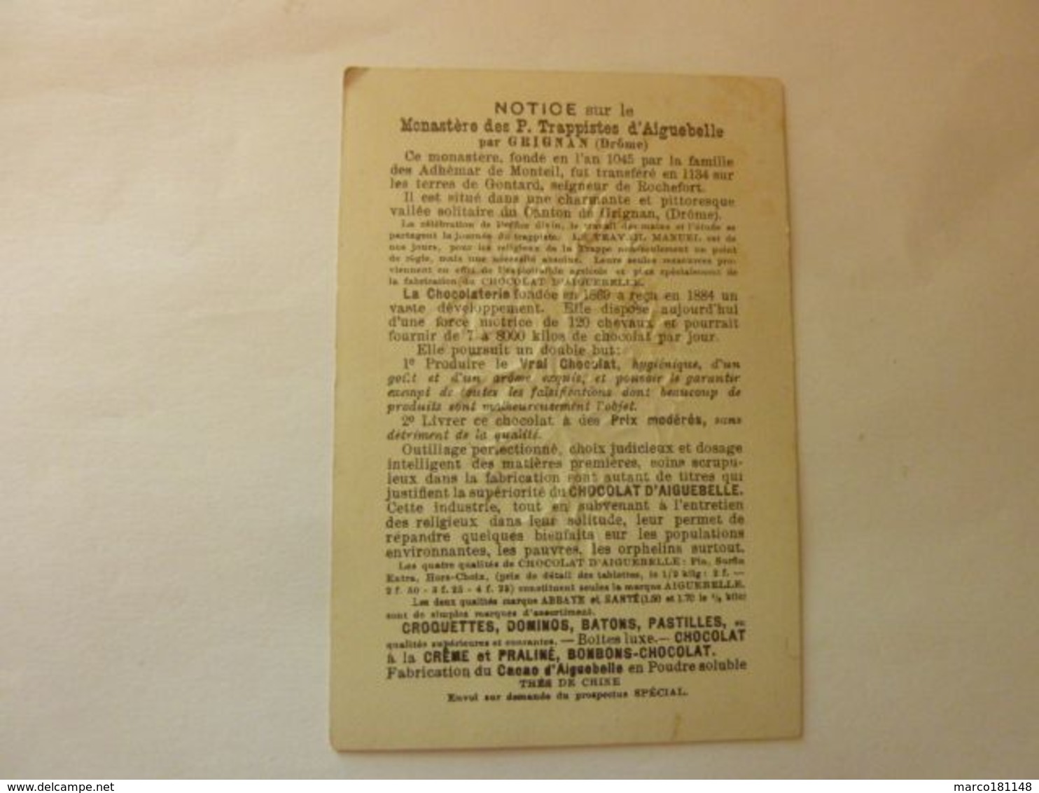 Publicité Chocolat Aiguebelle - Notice Sur Monastère Des P. Trappistes D'Aiguebelle - Aiguebelle