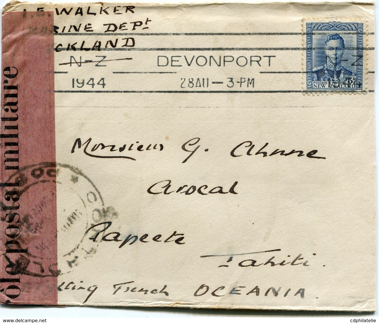 NOUVELLE-ZELANDE LETTRE CENSUREE DEPART DEVONPORT 28 AU 1944 POUR L'ETABLISSEMENT FRANCAIS DE L'OCEANIE - Lettres & Documents