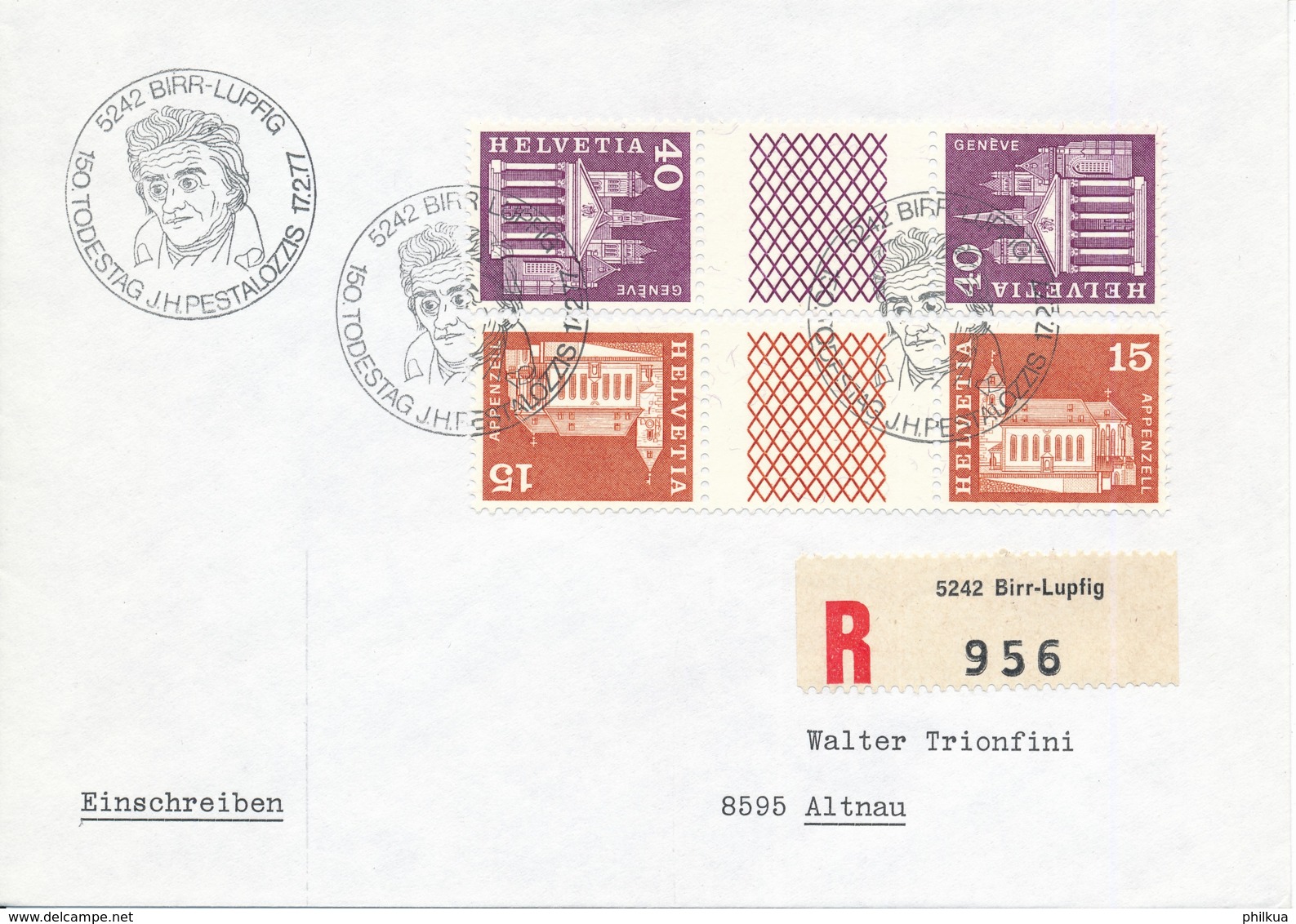 S68, S70 Auf R-Brief Mit Sonderstempel: Birr-Lupfig - 150. Todestag J. H. Pestalozzi - Tete Beche