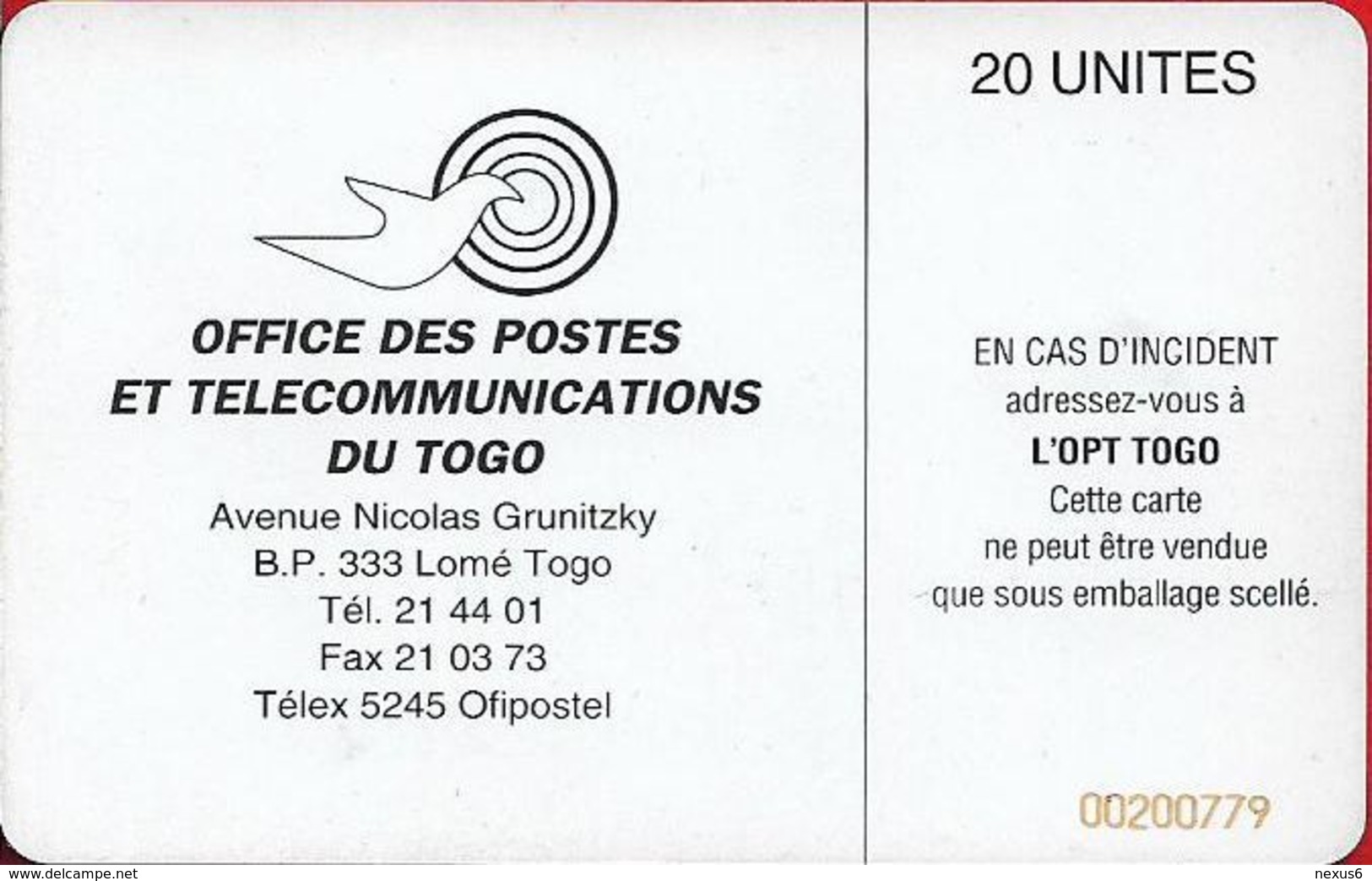 Τogo - Earth Station - SC7, Cn. 002 Red Bottom 8 Numbers, 1995, 20Units, Used - Togo