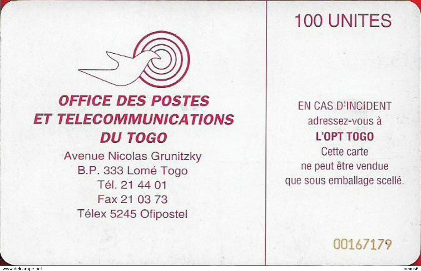 Togo - Earth Station - SC7, Cn. 001 Red Bottom 8 Numbers, 1995, 100Units, Used - Togo