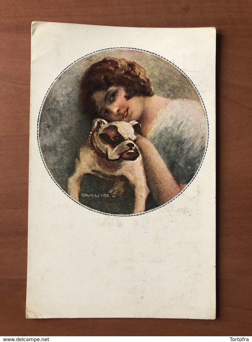 CARTOLINA ILLUSTRATA E FIRMATA MONESTIER DONNA CON CANE (BULDOG ?) 1918 - Monestier, C.