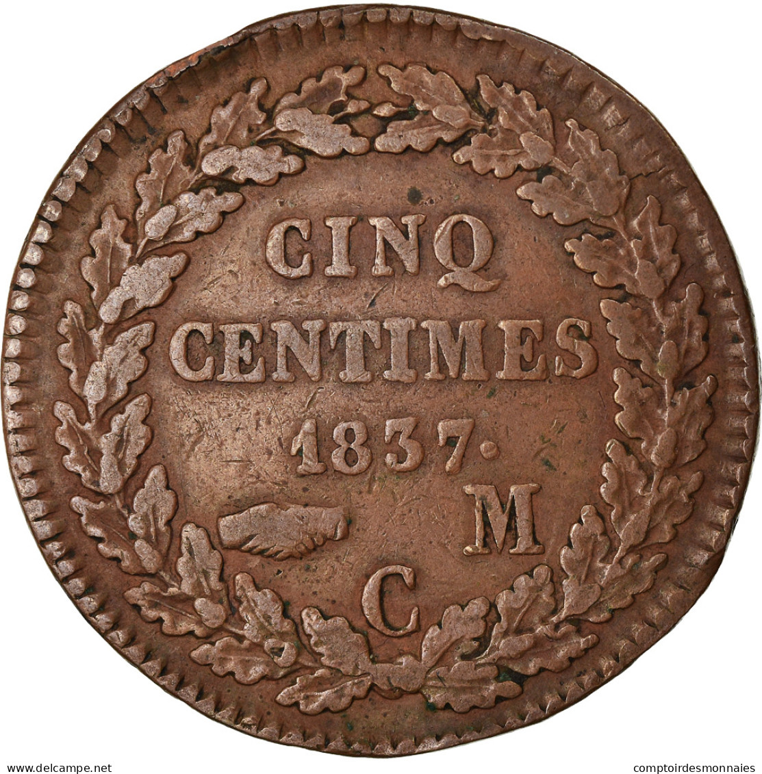 Monnaie, Monaco, Honore V, 5 Centimes, Cinq, 1837, Monaco, TB+, Cast Brass - Charles III.