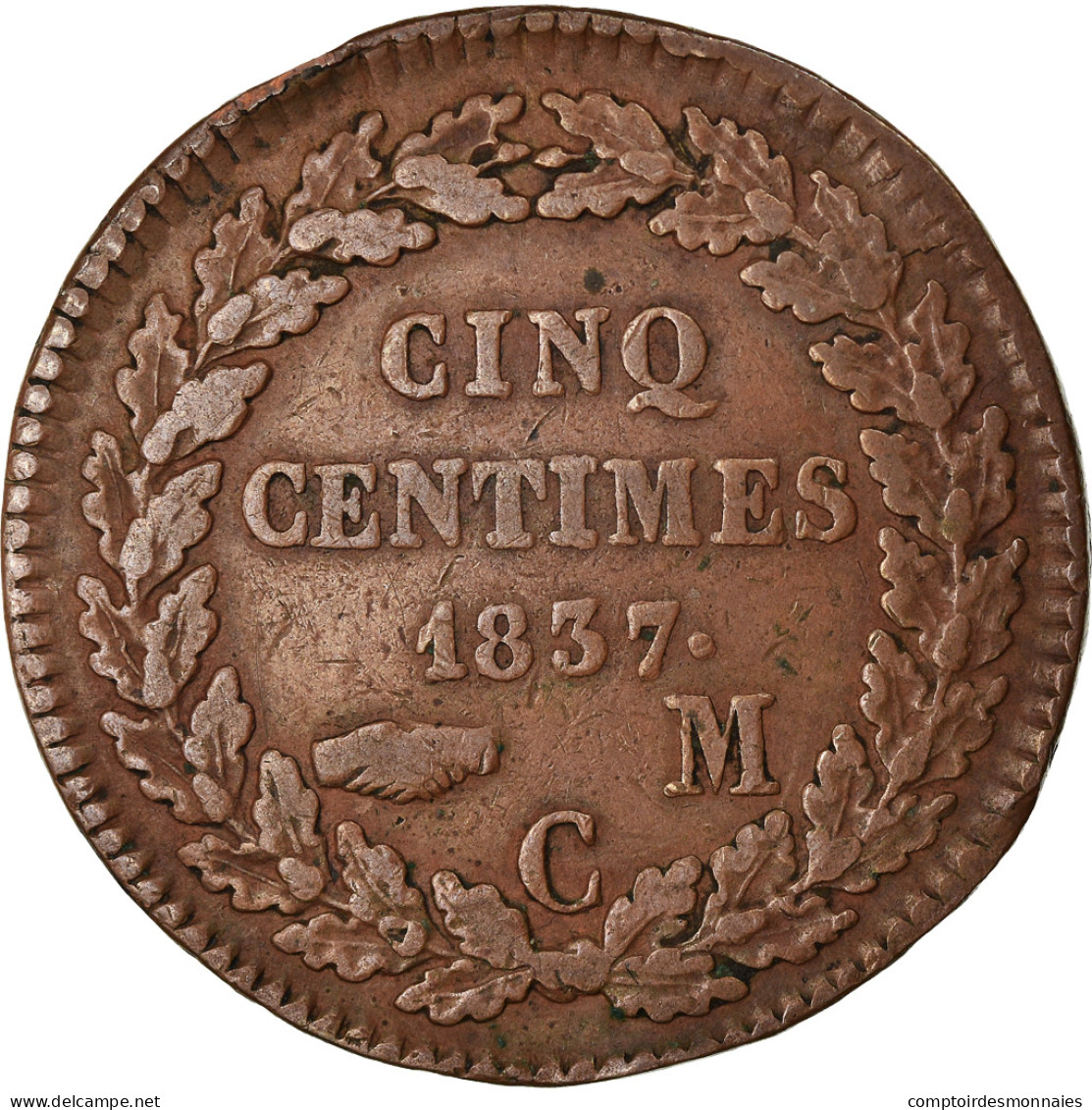 Monnaie, Monaco, Honore V, 5 Centimes, Cinq, 1837, Monaco, TB+, Cast Brass - 1819-1922 Honoré V, Charles III, Albert I