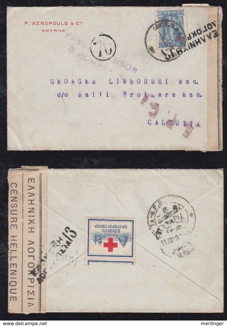 Greece 1919 Double Censor Cover SMYRNA IZMIR Occupation Turkey To CALCUTTA India Red Cross Cinderella - Briefe U. Dokumente