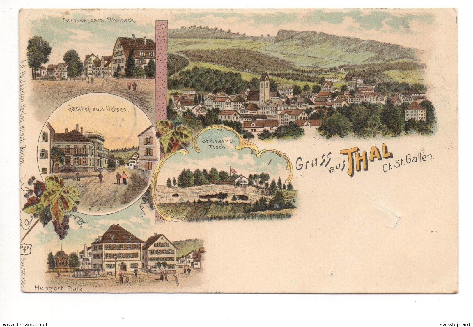 LITHO Gruss Aus THAL Strasse Nach Rheineck Gasthof Zum Ochsen Steinerner Tisch Hengert-Platz Gel. 1902 V. Rheineck - Rheineck