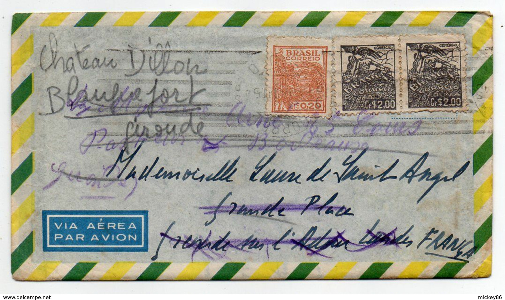 Brésil  -1954--Lettre SAO PAULO Pour BLANQUEFORT -33 (France)suite Réexpédition...Composition De Timbres,cachet - Lettres & Documents