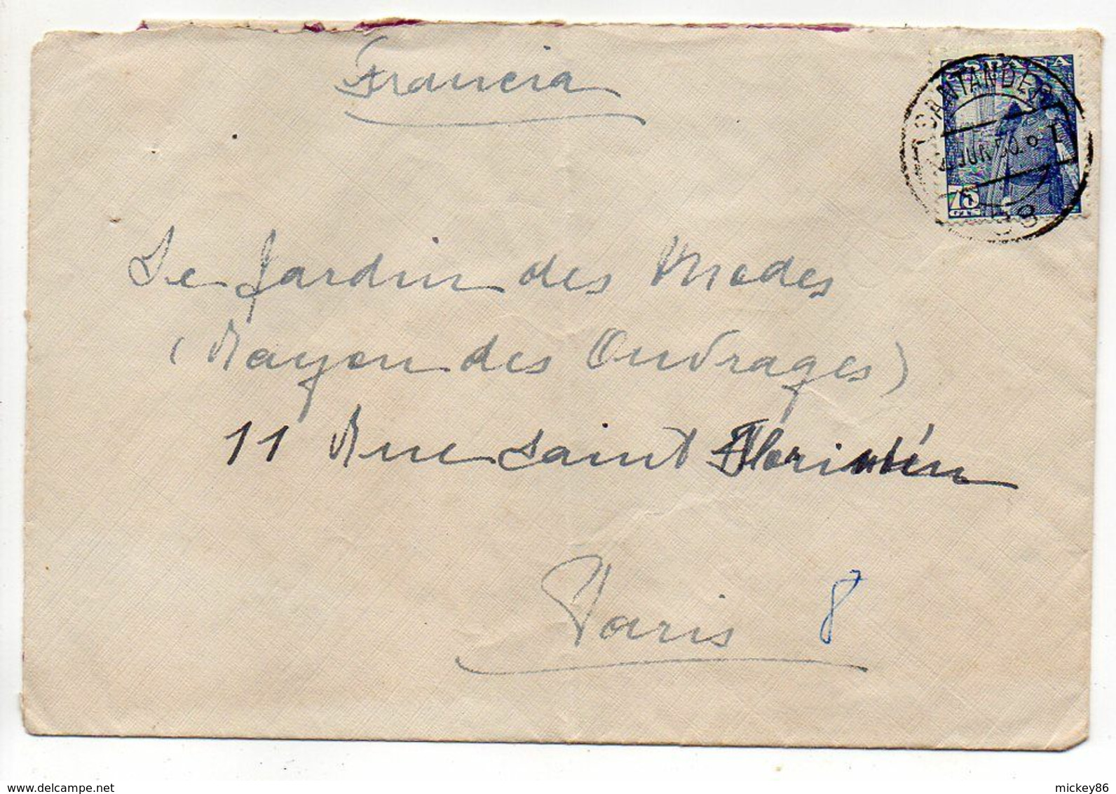 Espagne-1950--Lettre SANTANDER Pour PARIS -75 (France) .. Timbre Seul Sur Lettre ,cachet - Lettres & Documents