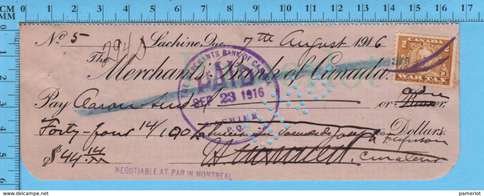 2¢ War Tax Stamp -Me.  J.A. Meunier- Succession J. Furgeson 1916 Cheque, To Aaron. Sondel,  Lachine P. Quebec - Kanada