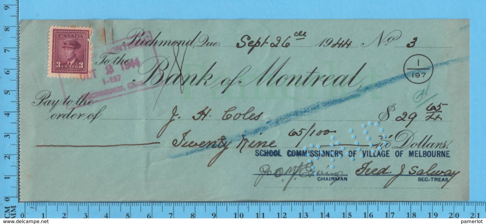 3¢ War Issue - Cheque 1944,  $29.65 To J.H. Coles From School Commissioners Melborne, Richmond P. Quebec - Lettres & Documents