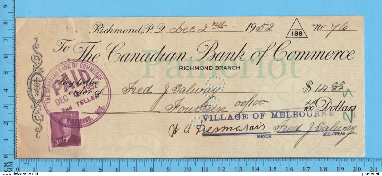 3¢ Poste-postage - Cheque 14.00 To Fred J. Salway From Village Of Melbourne , Richmond P. Quebec - Lettres & Documents