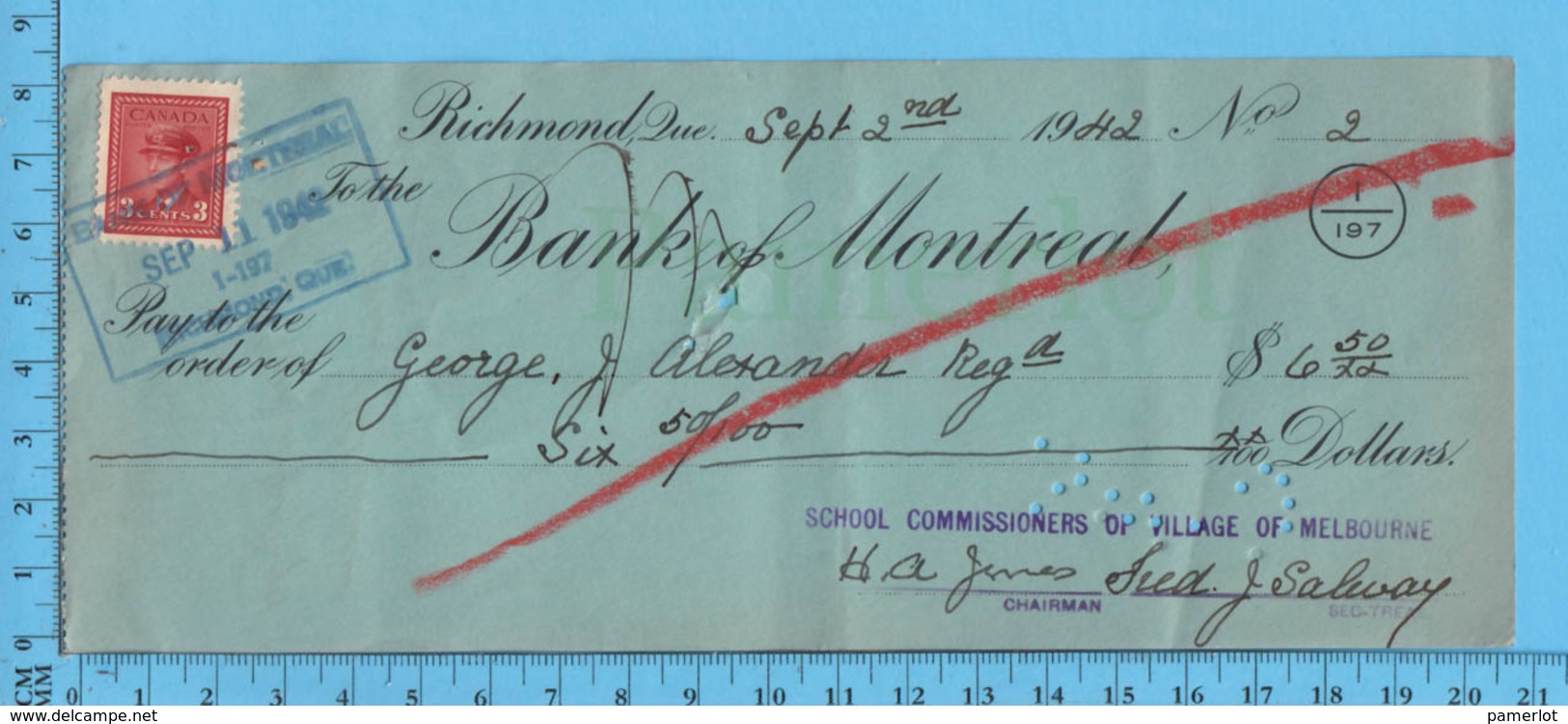 3¢ War Issue - Cheque 1942, $15.00 To George J. Alexander  From School Commissioners Melborne, Richmond P. Quebec - Covers & Documents