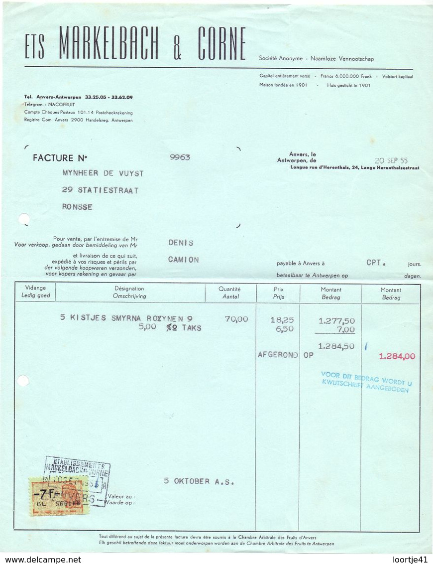 Factuur Facture - Ets Markelbach & Corne - Antwerpen 1955 - Alimentaire