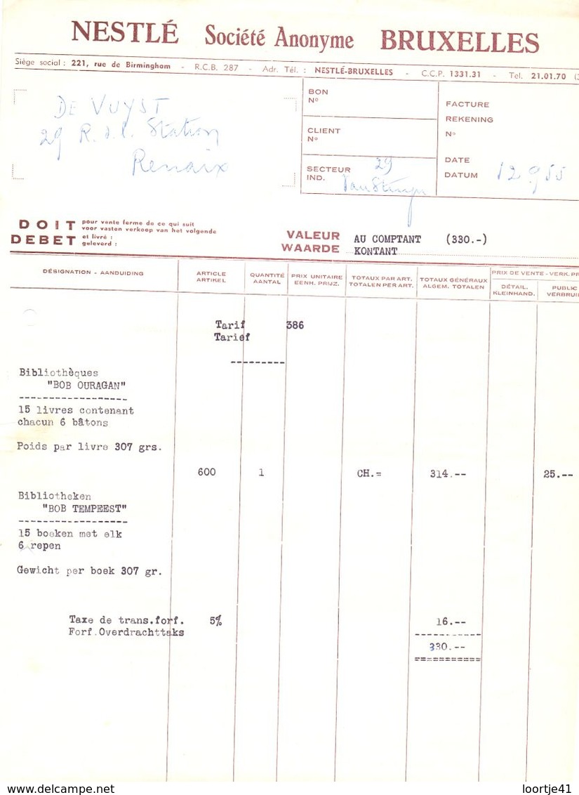 Factuur Facture - Nestlé  - Bruxelles Brussel  1955 - Lebensmittel