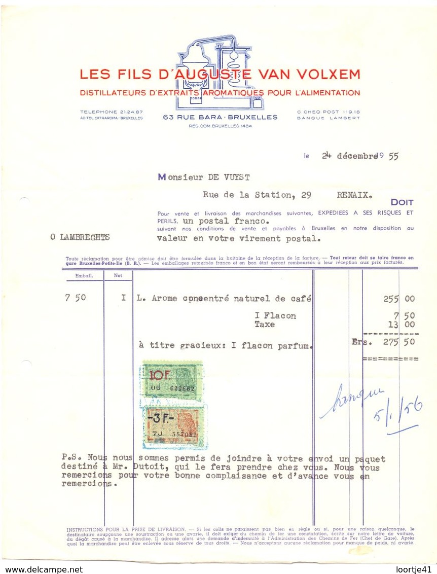 Factuur Facture - Les Fils D'Auguste Van Volxem - Bruxelles 1955 - Food