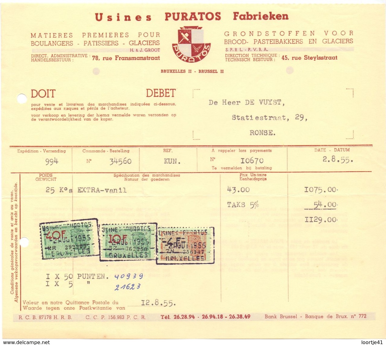 Factuur Facture - Grondstoffen Voor Bakkerij - Usines Puratos Fabrieken - Bruxelles Brussel 1955 - Lebensmittel