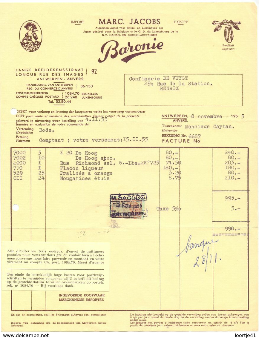 Factuur Facture - Baronie - Marc Jacobs - Antwerpen 1955 - Levensmiddelen