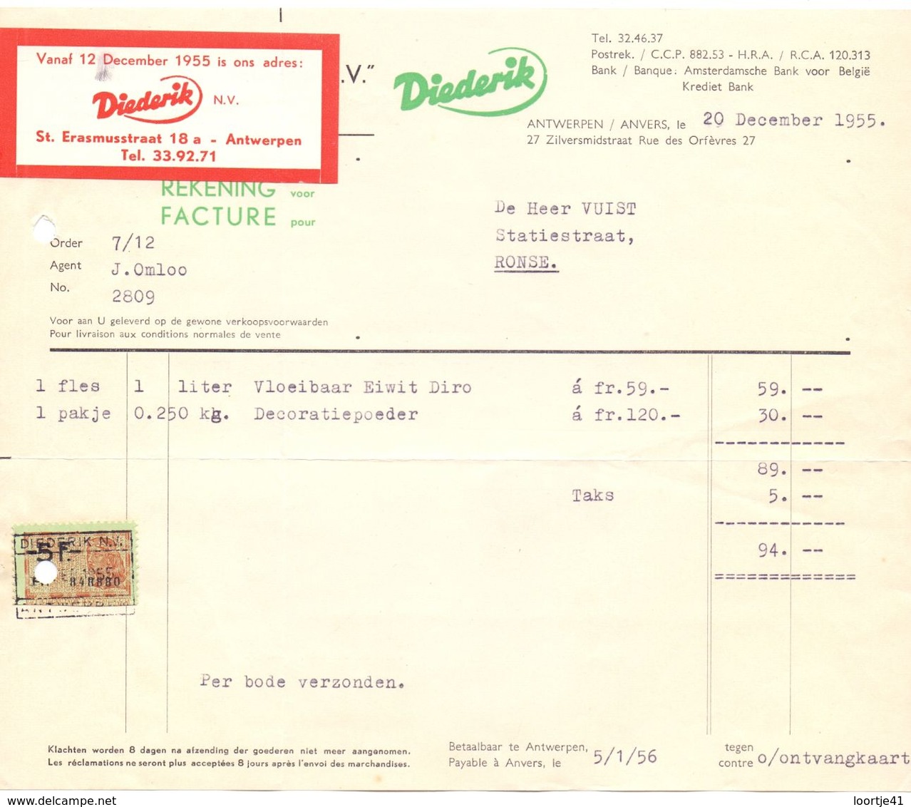 Factuur Facture - Grondstoffen Voor Bakkerij Diederik - Antwerpen 1955 - Levensmiddelen