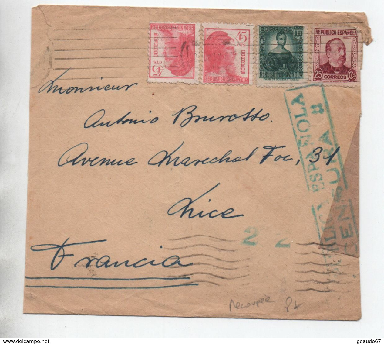 1938 - ENVELOPPE Avec CENSURE / CENSURA REPUBLICA ESPANOLA Pour NICE - Briefe U. Dokumente