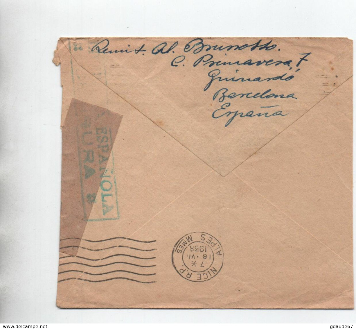 1938 - ENVELOPPE Avec CENSURE / CENSURA REPUBLICA ESPANOLA Pour NICE - Storia Postale