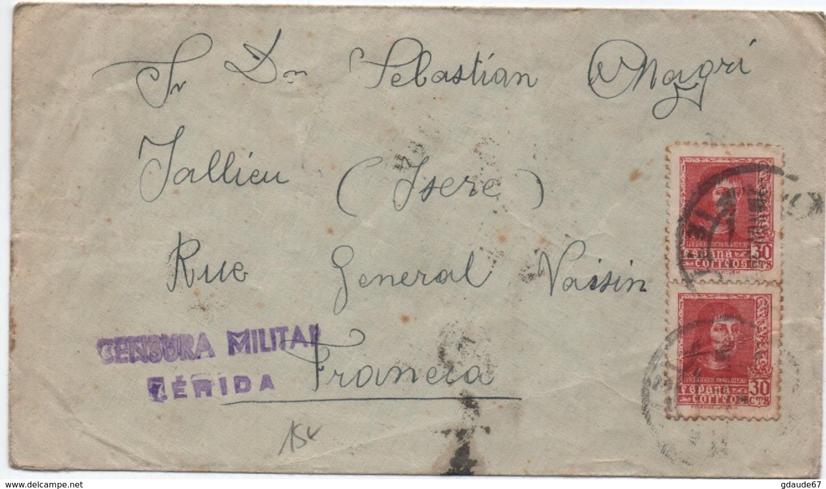 1938 - ENVELOPPE Avec CENSURE / CENSURA MILITAR LERIDA Pour JALLIEU (ISERE) - Storia Postale