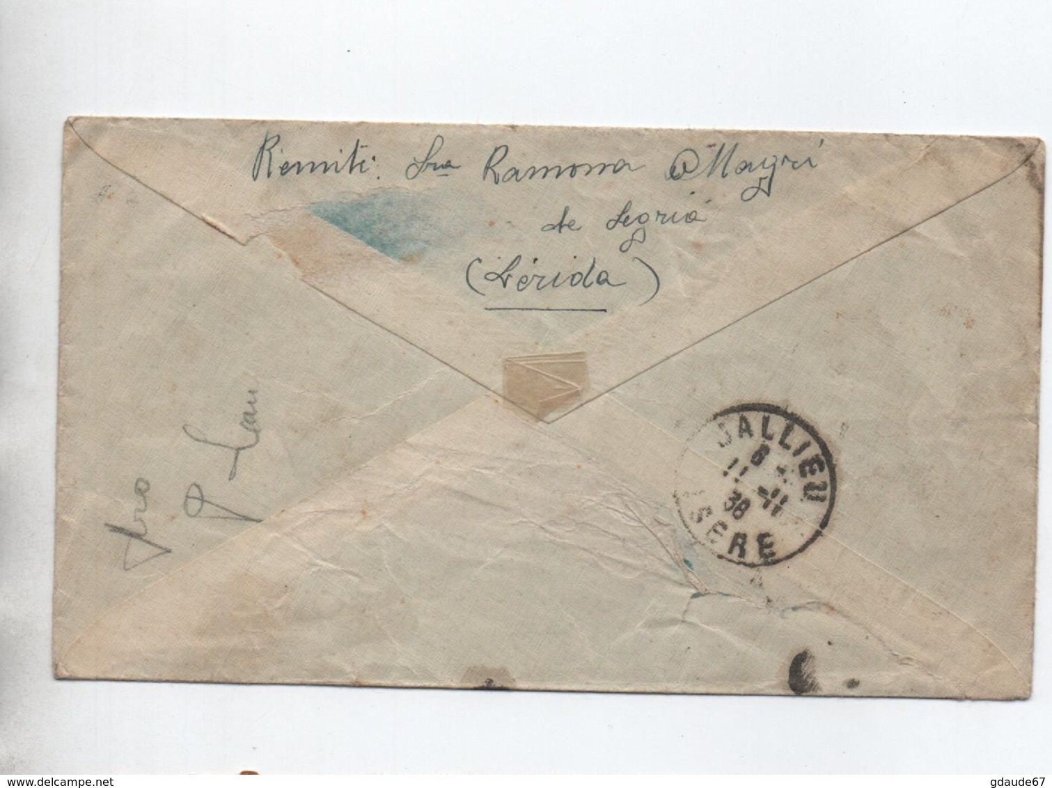 1938 - ENVELOPPE Avec CENSURE / CENSURA MILITAR LERIDA Pour JALLIEU (ISERE) - Briefe U. Dokumente