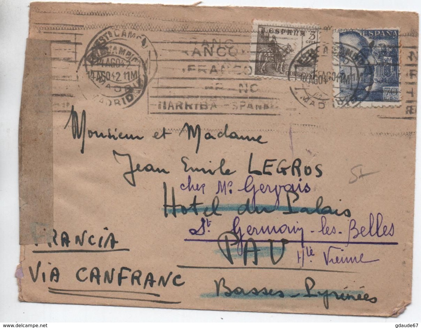 1942 - ENVELOPPE De MADRID Pour PAU -> REEXPEDIEE à SAINT GERMAIN LES BELLES (HAUTE VIENNE) -> CENSURE - Brieven En Documenten