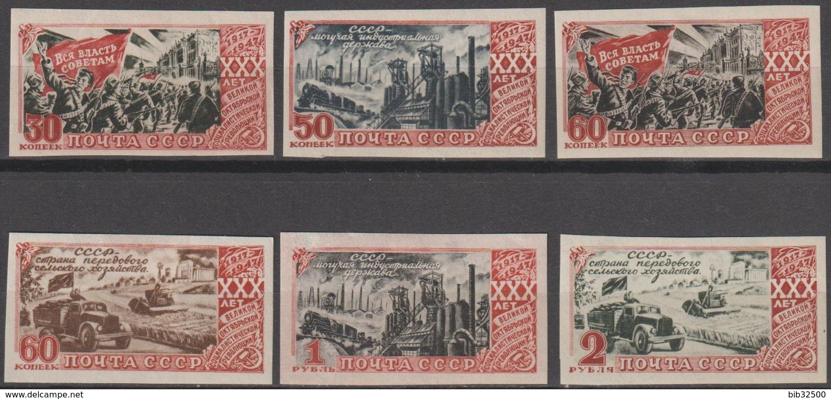 1947:-:30° Anniversaire De La Révolution D'Octobre - Série Complète - 6 Timbres Neufs * - Non Dentelés - - Ungebraucht