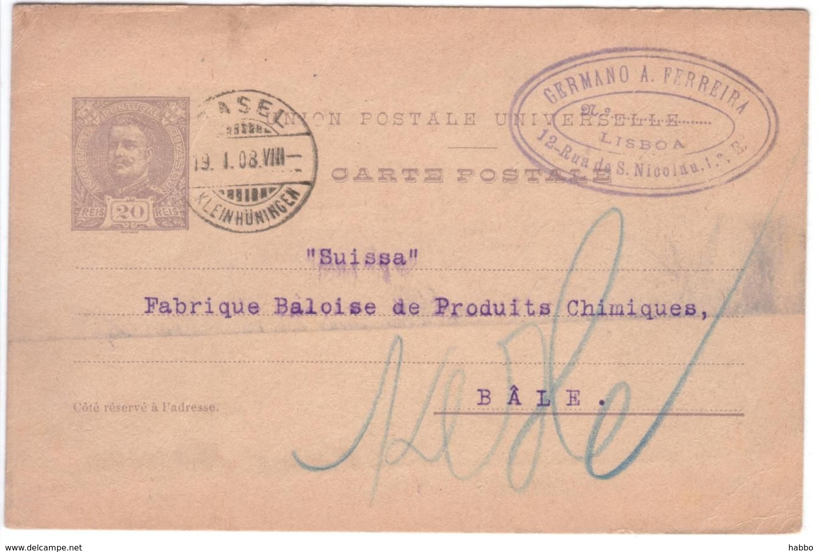 Portugal 1908 Commercially Used Postcard Sent To Basel Switzerland - Brieven En Documenten