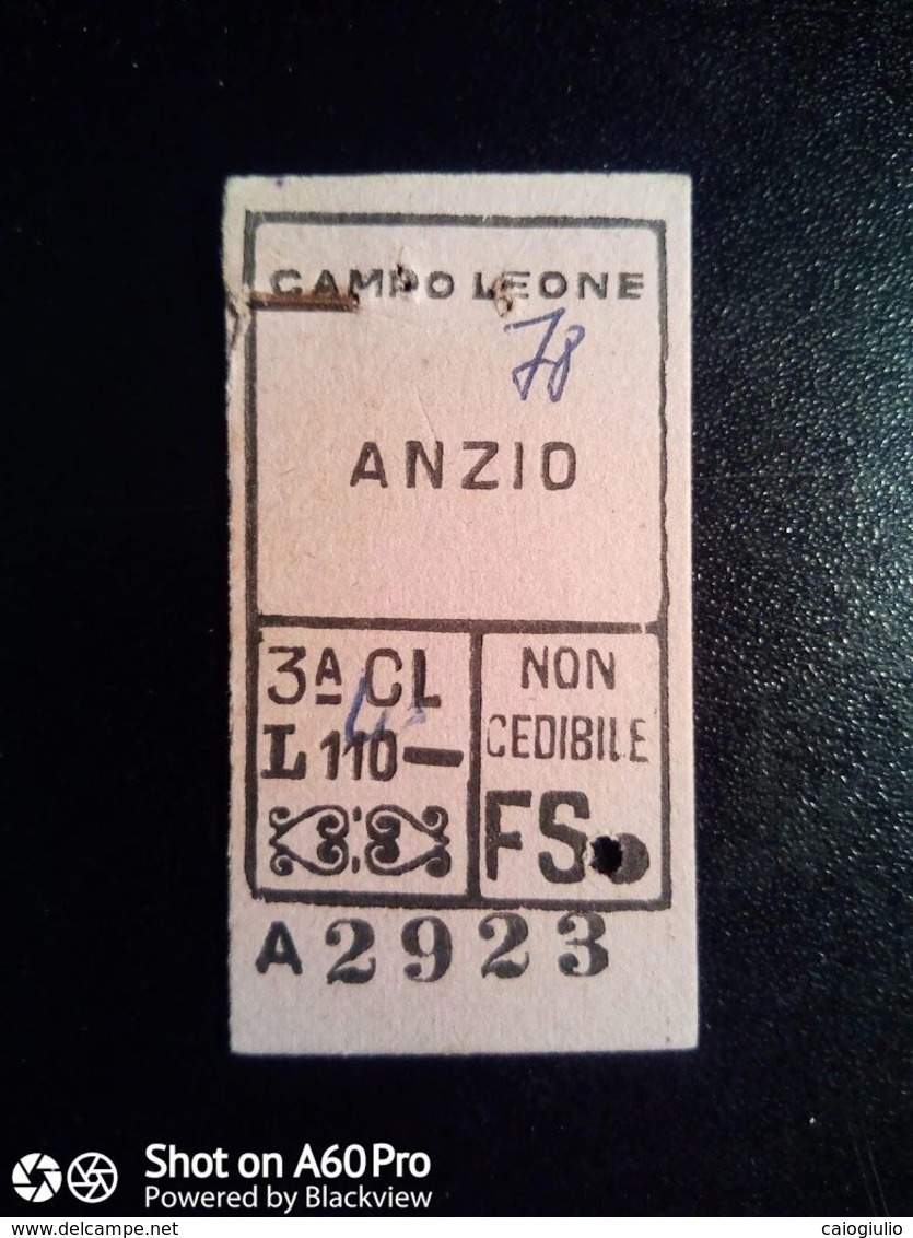 BIGLIETTO - TICKET F.S. - FERROVIE DELLO STATO -  CAMPOLEONE  ANZIO  3a CL 1955 - Europe