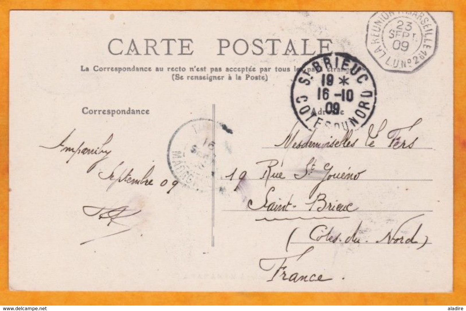 1909 - CP De Amparihy Vers Saint Brieuc - Ligne Réunion Marseille L.V N°2 - 5 C  Groupe - Cachet à Date D'arrivée - Briefe U. Dokumente